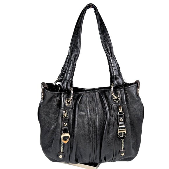 B.Makowsky Black Leather Large Slouchy Hobo Shoulder Bag Silver Chunky Hardware - Picture 1 of 11